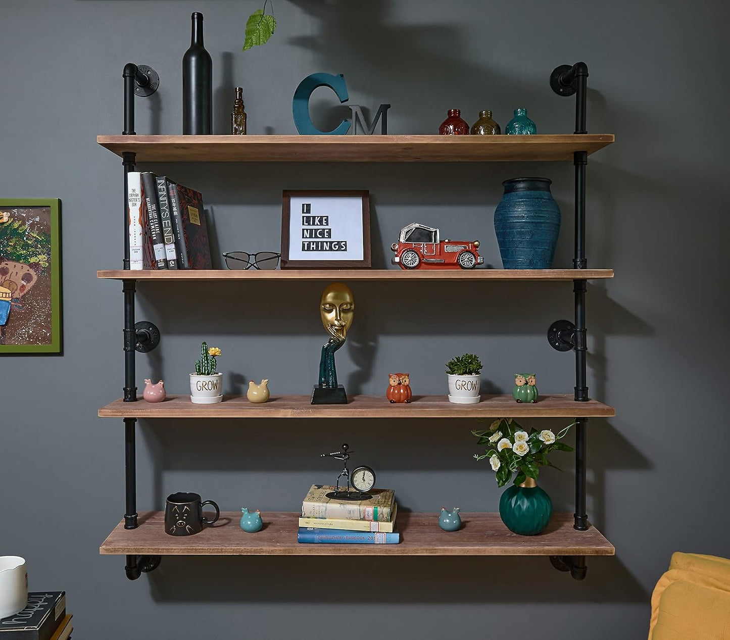 Floating Bookshelf Shelves Industrial Pipe Shelving Floating Pipe Shelf with Wood Planks 48 inch Industrial Wall Shelves Rustic Hanging Bookshelf Farmhouse Kitchen Shelving
