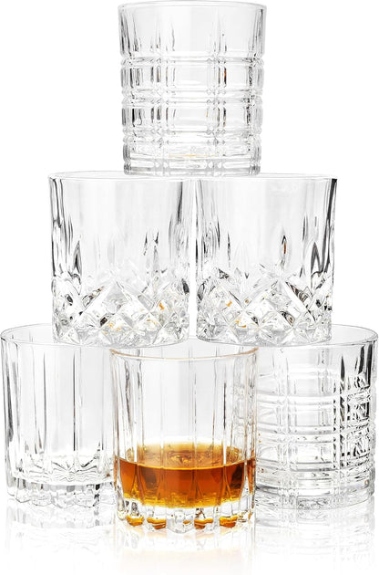 KANARS Whiskey Glasses Mixed, 10 Oz Scotch Glasses Set of 6, Rock Bar Tumblers 3 Patterns in Luxury Gift Box for Birthday, Anniversary, Housewarming and Wedding
