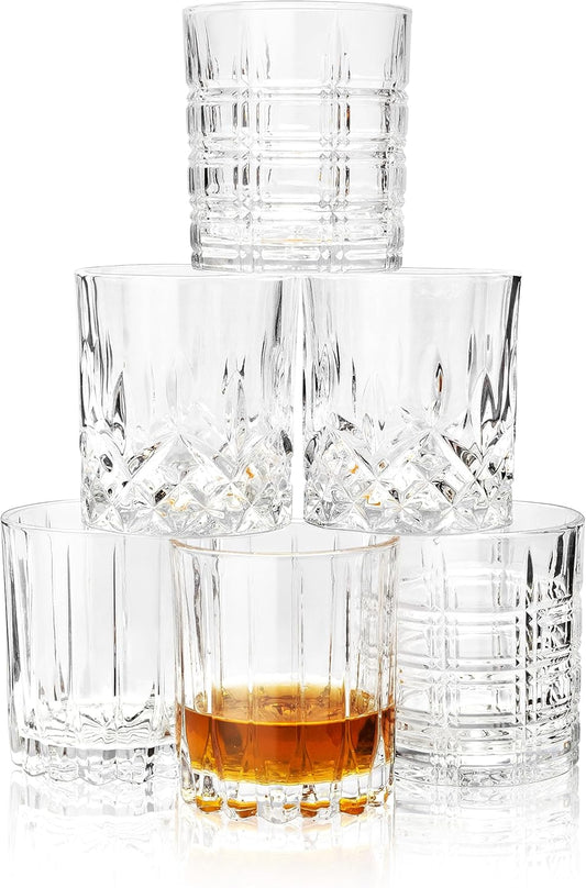 KANARS Whiskey Glasses Mixed, 10 Oz Scotch Glasses Set of 6, Rock Bar Tumblers 3 Patterns in Luxury Gift Box for Birthday, Anniversary, Housewarming and Wedding