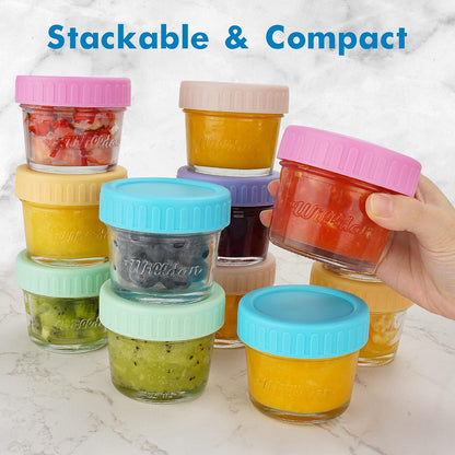 WILLDAN Glass Baby Food Storage Jars w/Lids (4 oz, 6 Pack Set) Snack, Puree, Reusable Small Containers, Breast Milk, Fridge or Freezer, Microwave & Dishwasher Safe, Essential Must Have for Infants