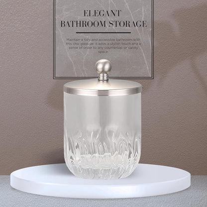 Glass Jar with Metal Lid for Bathroom Organization, Clear Apothecary Jar for Cotton Balls, Q Tips, and Small Accessories, Stylish Bathroom Storage Container Nickel