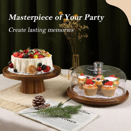 Bellsal Acacia Wood Cake Stand with Lid - 12in Round Cake Holder, 2-in-1 Dessert Table Display Set & Charcuterie Board for Cheese, Chips & Dips, Nachos, Fruit Platter, Large Acrylic Cake Dome Cover