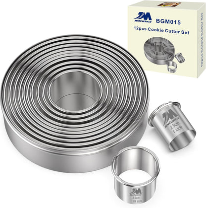 Round Cookie Biscuit Cutter Set 12 Pieces Graduated Circle Pastry Cutters 18/8 Stainless Steel Cookie Cutters1inch - 4 1/2inch Donut Cutter Ring Molds GIFT Package