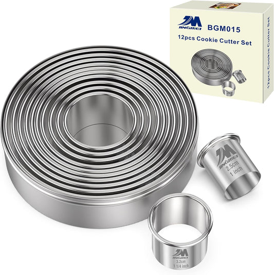 Round Cookie Biscuit Cutter Set 12 Pieces Graduated Circle Pastry Cutters 18/8 Stainless Steel Cookie Cutters1inch - 4 1/2inch Donut Cutter Ring Molds GIFT Package