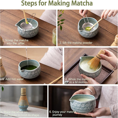 Matcha Whisk Set, Ceramic Matcha Set Includes Matcha Bowl, Matcha Whisk and Holder, Bamboo Scoop, Scoop Rest, Sifter and Tea Towel - 7 Pcs Matcha Kit for Matcha Lovers (Blue)