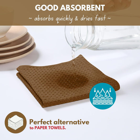 Native Fab Waffle Weave Dish Towels 12 Pack 100% Cotton, 16x26 Inches, Super Absorbent, Quick Dry, Waffle Knit Dishcloths with Hanging Loop, Washable for Kitchen Cleaning, Drying Dishes, Brown