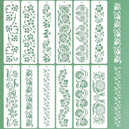 12 Pcs Large Flower Border Stencils for Painting, Reusable Plastic Floral Edge Baking Decorating Vine Stencil Tool, Painting Templates for DIY Cake Wood Wall Tile Furniture Canvas Craft, 3" x 11.8"