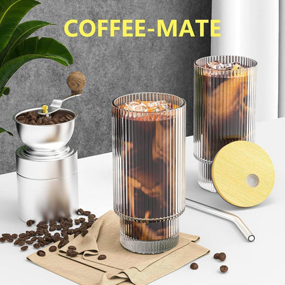 16OZ Ribbed Glass Cups with Lids and Straws 4 Set, Vintage Glassware for Whiskey Cocktail Beer, Iced Coffee Cups with Lid, Glass Tumbler with Straw and Lid (4 PACK)