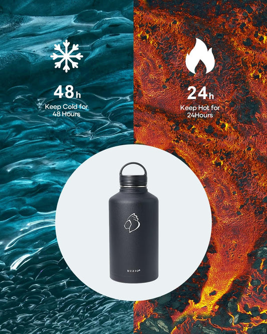 BUZIO 64 oz Water Bottle Insulated with Straw & 3 lid and Carrying Pouch, Leak Proof Half Gallon Stainless Steel Water Flask Jug, Cold for 48 Hrs Double Vacuum Thermo Canteen, BPA-Free, Black