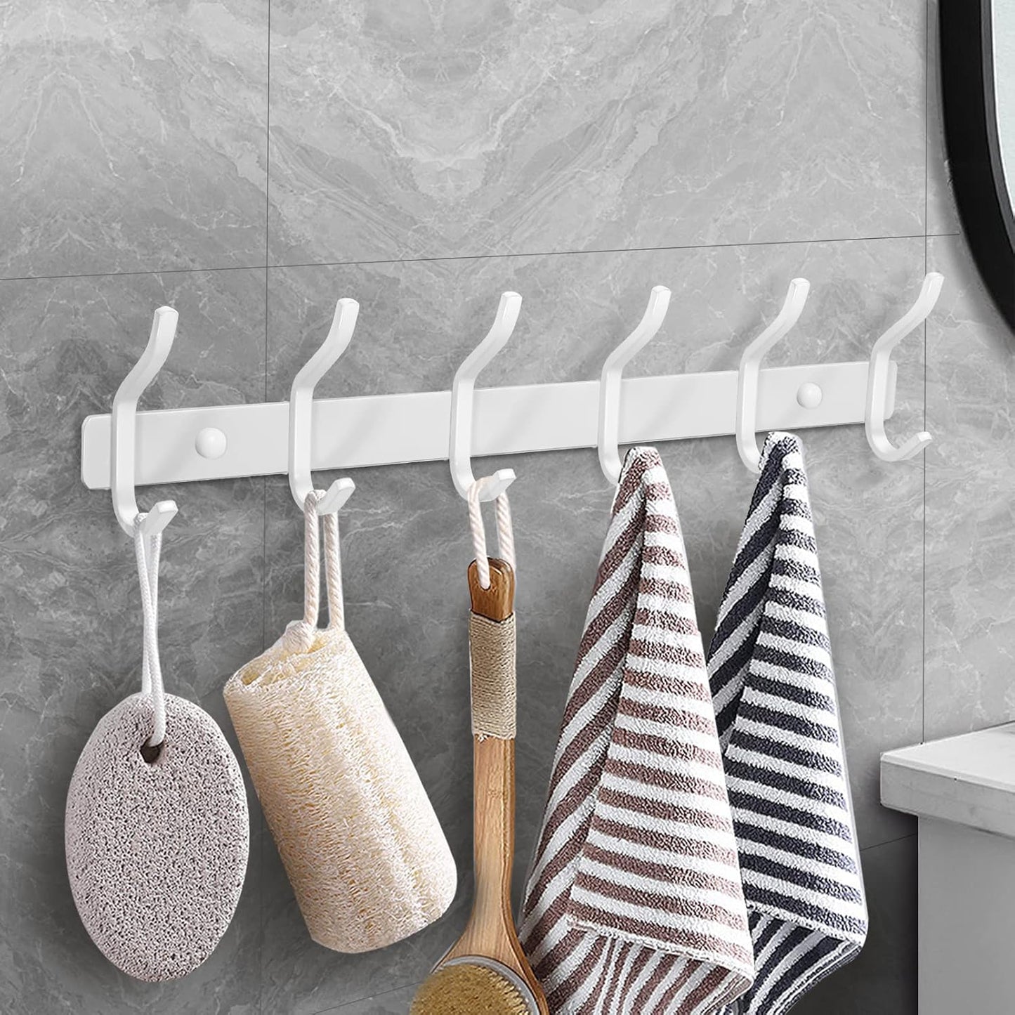 White Wall Hooks Heavy Duty, 17 Inch Coat Hooks Wall Mount with 6 Hooks,2 Packs Wall Hooks Hangers for Entryway, Bathroom - for Hanging Backpack, Bag, Coat, Purse, Hat, Towel, Clothes