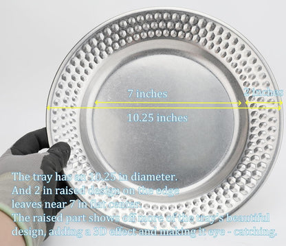 Fermus Set of 2 Round Vintage Metal Tray Diameter 10 1/4 inches, Jewelry Organizer Bathroom Clutter Rustic Decorative Trays Farmhouse Centerpiece for Coffee Table Living Room Kitchen Counter, (2 Pack)