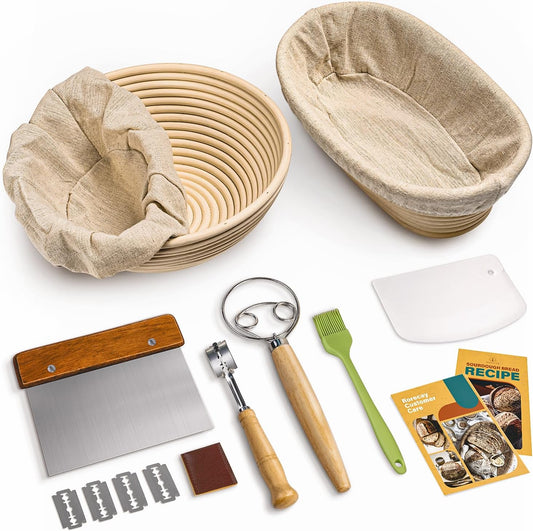 RORECAY Bread Banneton Proofing Basket Set, 9 Inch Round & 10 Inch Oval Cane Sourdough Baskets with Dough Whisk Bread Lame Dough Scraper Bowl Scraper Silicone Brush Sourdough Bread Baking Supplies