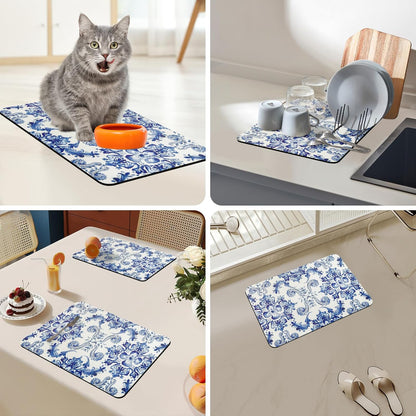 Bloss Dish Drying Mat, 12.2"x19.7" Absorbent Coffee Bar Mat with Waterproof Rubber Back, Fit Under Coffee Maker Machine/Kitchen Counter(Ink Cyan Flower)