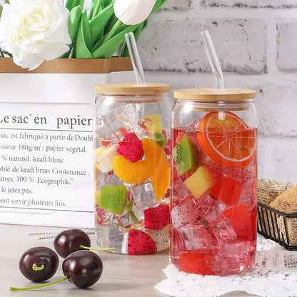Glass Cups with Lids and Straws, 16oz Drinking Glasses, Iced Coffee Cups, Glass Tumbler with Lid, Great for Soda Boba Tea Cocktai (1 PACK)