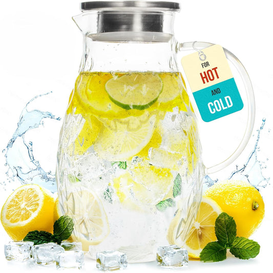Glass Pitcher with Lid and Spout - 2 Liter / 68 oz, Borosilicate Glass w/Handle - Carafe for Hot/Cold Beverages - Water Jug - Iced Tea Pitcher - Juice Server - by PJC-Kitchen