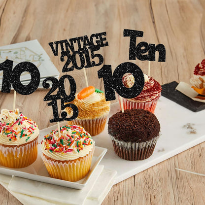 Gyufise 24Pcs 10th Birthday Cupcake Toppers Glitter Ten Vintage 2015 Double Digits 10 Cupcake Picks Hello 10 Years Birthday Cake Decorations for Happy 10th Anniversary Party Supplies Black