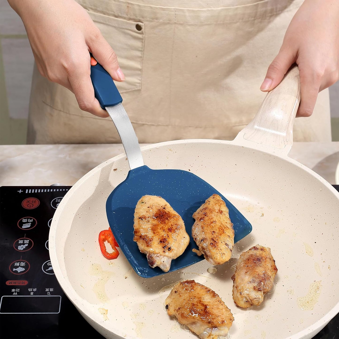 To encounter 2 Pieces Silicone Spatula set, Non-Stick Turner Spatulas, Heat Resistant Silicone Cooking Flipper for Eggs, Fish, Pancakes, Navy Blue