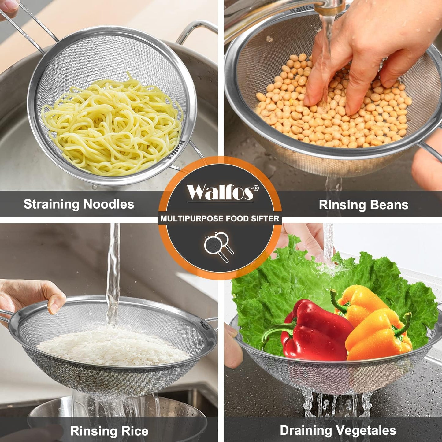 Walfos 9 Inch Large Fine Mesh Strainer, Kitchen Metal Food Strainers with Sturdy Handle, Stainless Steel 30 Mesh Sieve Sifters for Rice, Quinoa, Pasta, Fruits, Vegetables, etc.
