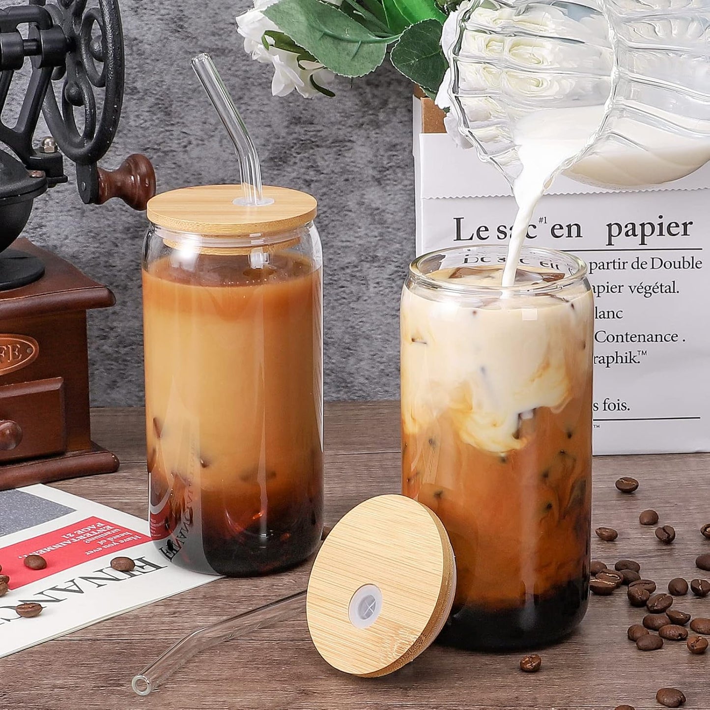 Glass Cups with Lid and Straw, 16oz Beer Glasses Glass Coffee Cups, Iced Coffee Cups with Lid, Glass Tumbler with Straw and Lid (4 PACK)