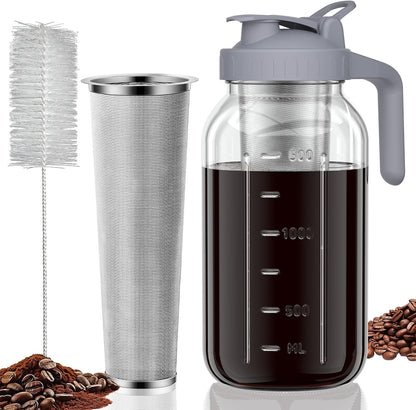 Cold Brew Coffee Maker Jar - 64oz Thick Glass Multipurpose Mason Pitcher Spout Lid with Handle & Stainless Steel Filter for Iced Coffee, Lemonade, Ice Tea, Homemade Fruit Drinks Container
