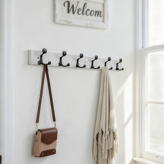 SKOLOO 36-Inch Wood Coat Rack Wall Mount with 6 Triple Hooks - Ideal for Family Entrances, Classrooms, and Pet Supplies Storage - Perfect Coat Hooks for Wall,Distressed White Wash