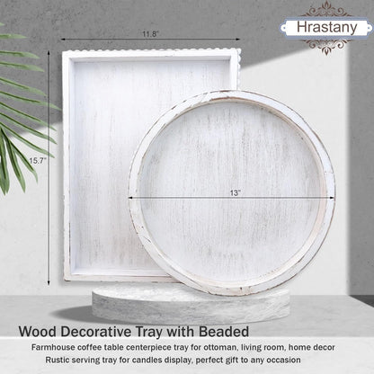 Wood Decorative Coffee Table Serving Tray, Farmhouse Rectangular Tray with Wooden Bead for Ottoman, Entertaining, Home Decor, 15.7”*11.8”*1.57” (Whitewashed)