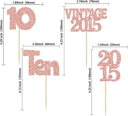 Gyufise 24Pcs 10th Birthday Cupcake Toppers Glitter Ten Vintage 2015 Hello 10 Years Birthday 10 Cupcake Picks Double Digits Cake Decoration for Happy 10th Anniversary Party Supplies Rose Gold