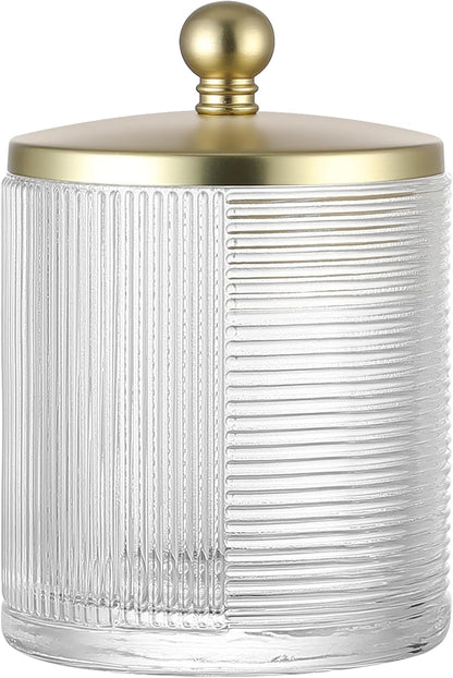 Glass Cotton Jar Holder Matte Gold Lid, Elegant Bathroom Storage Canister for Qtips, Cotton Balls, Floss, Makeup Organizer, Vanity Bathroom Organization