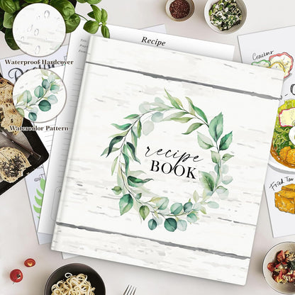 Lanpn Recipe Binder 8.5x11 3 Ring Kit, Waterproof Organizer Binder Recipe Book with 60 Plastic Sleeves,116 Recipes, Dividers,Labels & Stickers, Blank Cookbook to Write in Your Own Recipes, Leaf