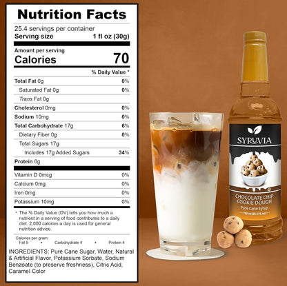 Syruvia Chocolate Chip Cookie Dough Syrup - 25.4 fl oz. Kosher and Gluten-Free. Ideal for Enhancing Drinks, Sodas, Shakes, Desserts, and More.