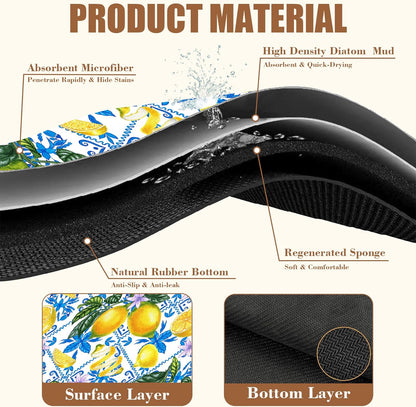 Lemon Fruit and Purple Flower Coffee Mat Absorbent Dish Drying Mat for Kitchen Counter Hide Stain Rubber Backed Coffee Bar Accessories Fit Under Espresso Machine Dish Drainer, 15.7 x 23.6 Inch