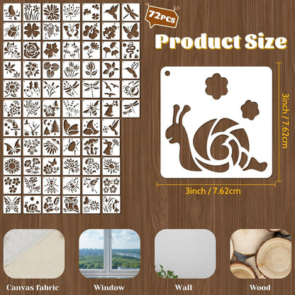 72 Pcs Botanical Stencils Set, Reusable Butterfly & Flower Painting Templates - Leaf, Dragonfly, Wildflower Nature Crafts Kit for Wall Murals, Fabric Art, Wood Signs, Kids Classroom Projects