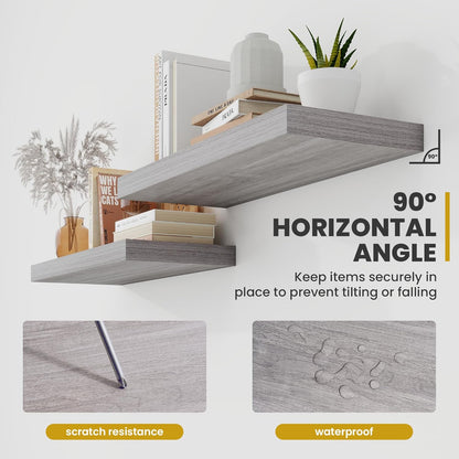 24 Inch Floating Shelves, 9.3" Deep Floating Shelf Wall Mounted, 24" Wall Shelves, Rustic Deep Bookshelf, Large Display Shelves & Storage Shelves for Bedroom, Living Room, Gray, Set of 2