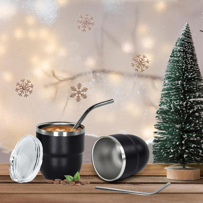 4oz Stackable Cup, Vacuum Insulated Espresso Cup Set of 2, Espresso Shot Glass for Coffee, Double Wall Stainless Steel Mini Tumbler Shot Glasses with Straw and Lid (A-black2P, 4oz)