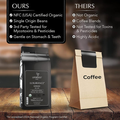 Lifeboost Organic Espresso Beans Whole – USDA Organic, Low Acid, Mold-Free Dark Roast Coffee – Whole Bean, Single Origin, High Caffeine Arabica – 12 oz Bag