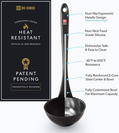 DI ORO Silicone Ladle – Soup Ladle for Cooking & Serving Heat-Resistant - Large Kitchen Soup Ladle Nonstick Cookware Safe - Soup Serving Spoon with Wide Bowl - Silicone Utensil Dishwasher Safe (Black)