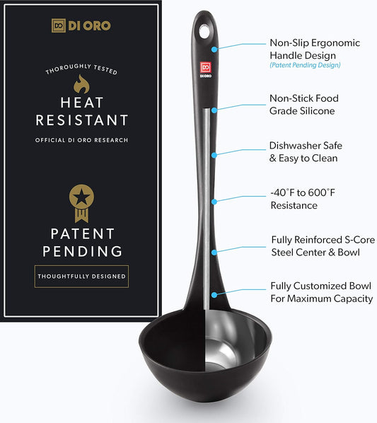 DI ORO Silicone Ladle – Soup Ladle for Cooking & Serving Heat-Resistant - Large Kitchen Soup Ladle Nonstick Cookware Safe - Soup Serving Spoon with Wide Bowl - Silicone Utensil Dishwasher Safe (Black)
