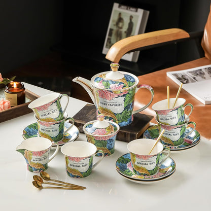 ACMLIFE Tea Cup and Saucer Set for 1, Vintage Floral Bone China Tea Cup Set with Saucer 24K Gold, Porcelain Tea Cup with Spoon and Gift Box, 6.8 oz (Green)