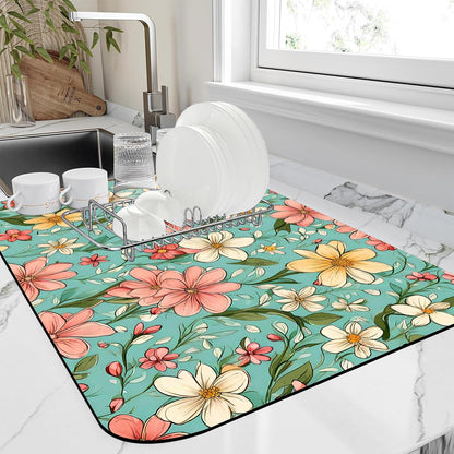 Dish Drying Mat Spring Flower Kitchen Mat 16"x24" Bsorbent Coffee Maker Mat for Dishes,Utensils Coffee Maker Pots and Pans Easy Clean Dish Slip Resistant Pad