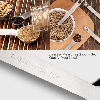 Upgrade 9 PCS Stainless Steel Measuring Spoons Set, Small Tablespoon, Teaspoons, Set 8 with Bonus Leveler for Dry and Liquid, Fits in Spice Jars, 1/32 1/16 1/8 1/4 1/2 1 tsp, 1/2 1 tbsp