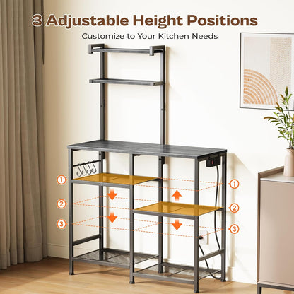 Huuger 31.5 Inch Bakers Rack with Power Outlets, Kitchen Microwave Stand with Storage, Coffee Bar with 4 Hooks, 3-Level Height Open Shelves, Grey