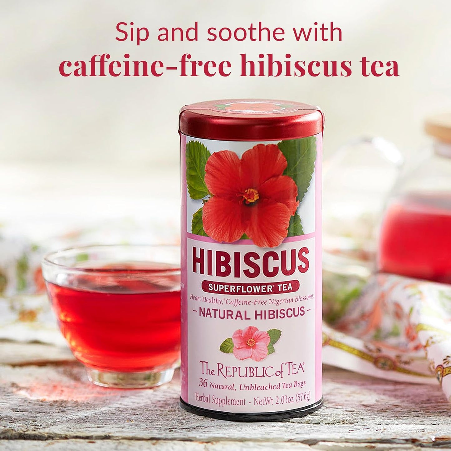 The Republic of Tea Natural Hibiscus Superflower Herbal Tea, Ruby Red Hibiscus Fine Blend, 36 Tea Bag Refill