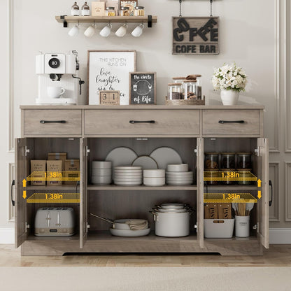 HOSTACK Buffet Sideboard Cabinet with Drawers, 55" Large Buffet Storage Cabinet with Shelves and Doors, Modern Farmhouse Coffee Bar Station for Kitchen, Dining Room, Ash Grey