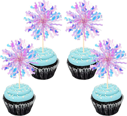 30 PCS Foil Firework Cupcake Toppers Sparkle Tinsel Cupcake Picks Happy Birthday Cake Toppers Drink Stirrers Cocktail Food Fruit Toothpicks for Baby Shower Birthday Party Decorations Supplies Purple