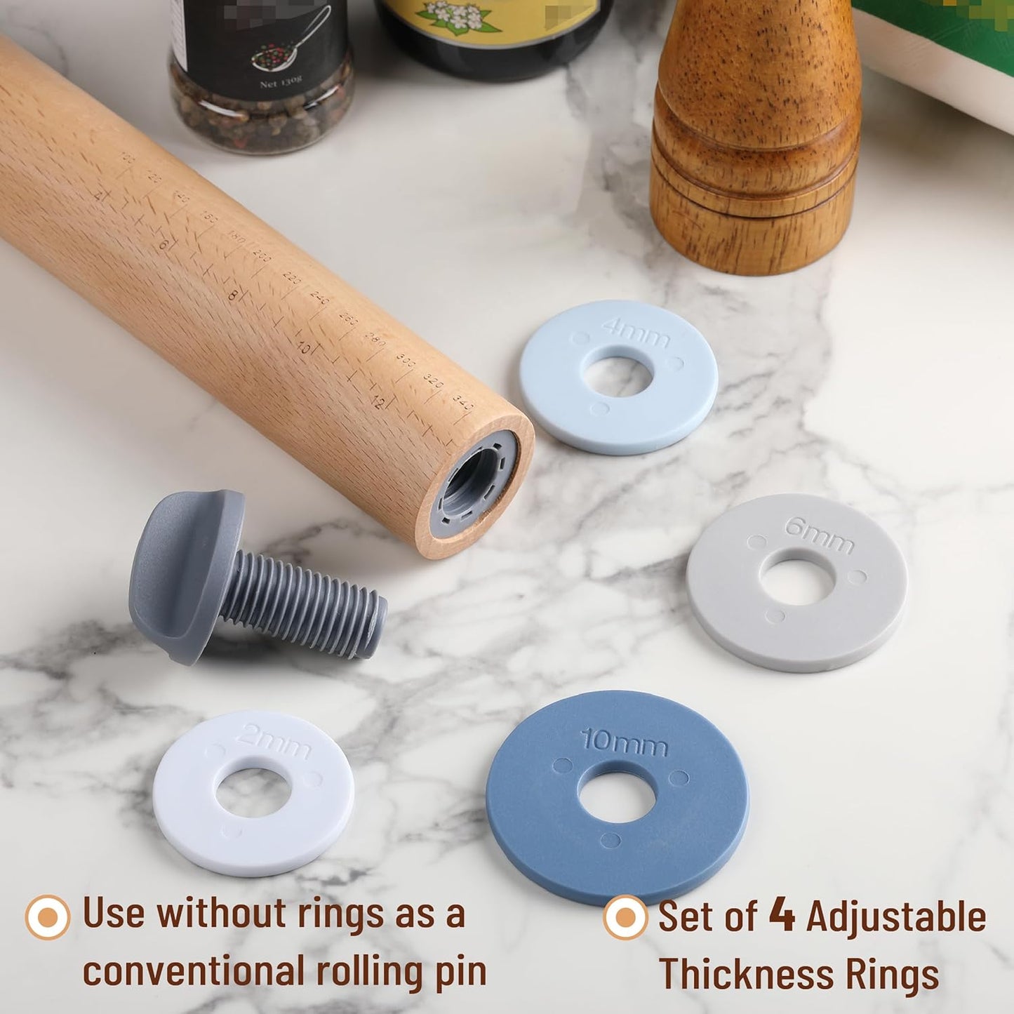 Bamboo Land- Adjustable Rolling Pin with Thickness Rings for Baking, 13.8", 4 Pastel Colored Thickness Rings (2-10 mm or 1/16"-3/8"), Wood Rolling Pins for Baking, Bread, Pizza & Cookie Doughs