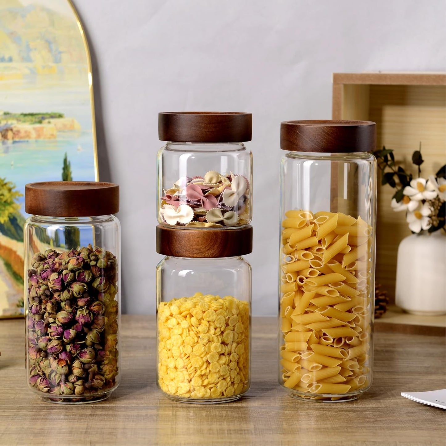 13.5 oz/400 ml Glass Jar with Airtight Wooden Screw Top Lid, Clear Stackable Food Storage Canister, Small Cute Decorative Glass Container for Coffee, Candy, Cookie, Sugar, Oatmeal, Salt, Spice