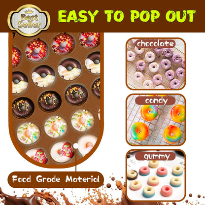 Donut Silicone Chocolate Molds, Mini Donut Pan Mold Gummy Candy Mold for Caramels Chocolate Ice Cube Jelly Truffles Pralines Ganache - 4 Pack