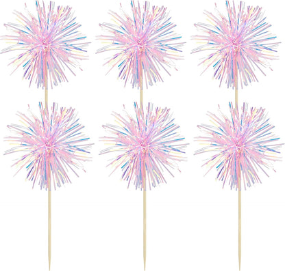 Gyufise 30Pcs Foil Firework Cupcake Toppers Sparkle Tinsel Cake Toppers Tinsel Drink Cake Decoration Cocktail Picks for Birthday Wedding Graduation Party Supplies Laser Pink