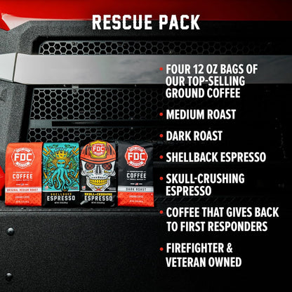 Fire Department Coffee - Gives Back to Firefighters - Rescue Variety Pack - Ground Coffee - Medium, Dark, Shellback Espresso, & Skull Crushing Espresso - Veteran Owned (12 oz, Pack of 4)
