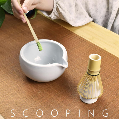 Artcome 4 Pcs Complete Matcha Tea Ceremony Kit - Bowl, Whisk, Whisk Holder, Tea Scoop - For Usucha, Koicha and Matcha Latte (White)